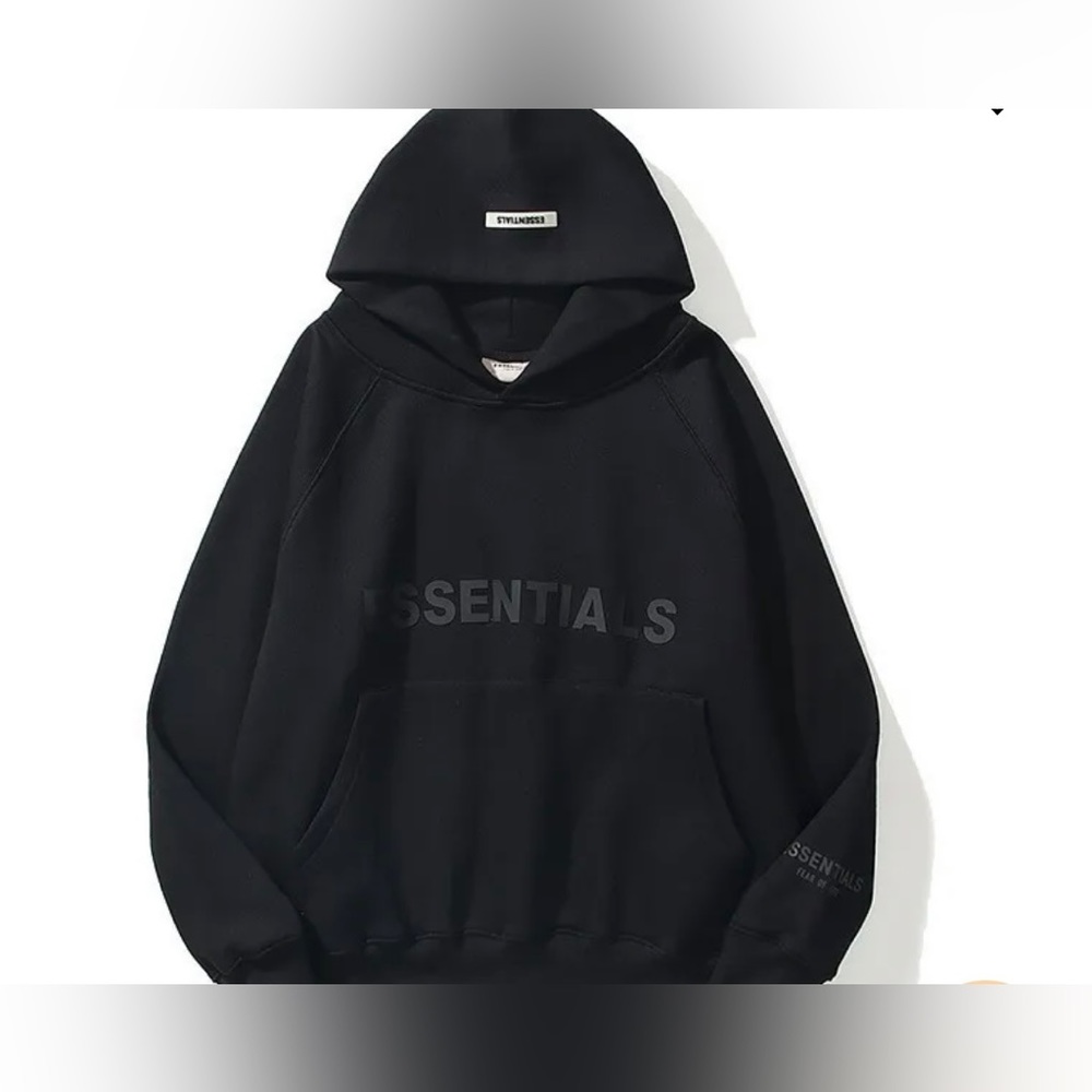 fear of god essentials all black hoodie, barley worn, size large,